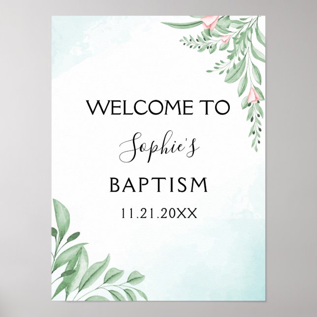 Boho Dusty Blue Eucalyptus Baptism Welcome Poster (Front)