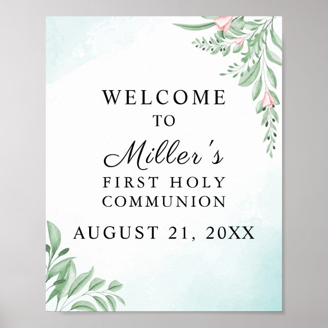 Boho Dusty Blue Eucalyptus Communion Welcome Poster (Front)