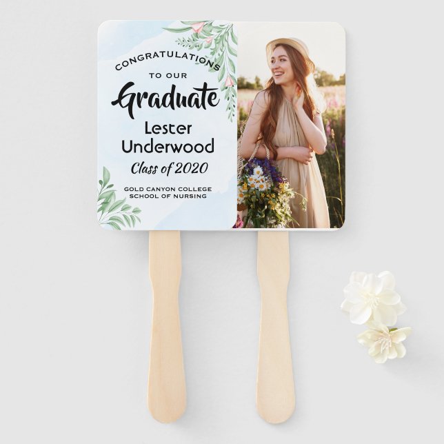 Boho Dusty Blue Eucalyptus Graduation Hand Fan (Front and Back)