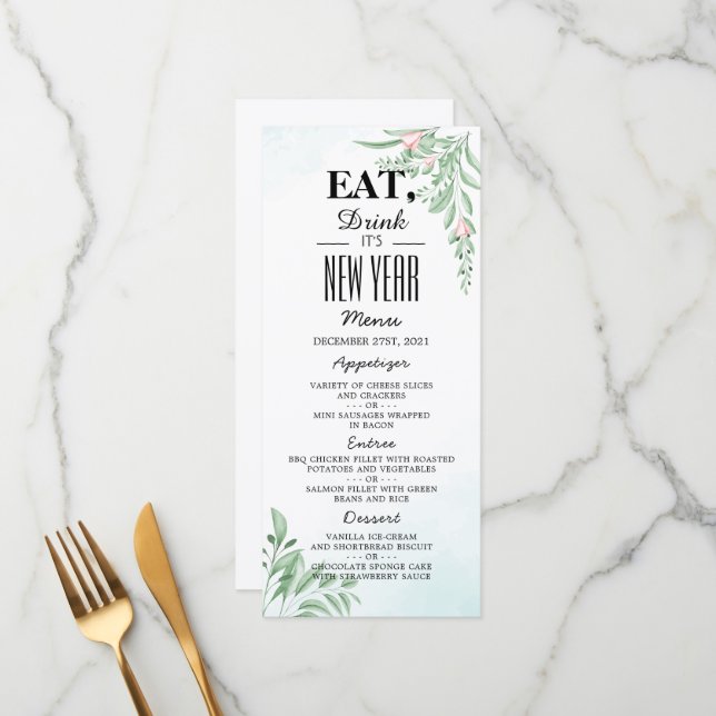 Boho Dusty Blue Eucalyptus Greenery New Year Menu (Front/Back In Situ)