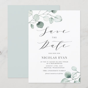 Boho Dusty Blue Eucalyptus Leaves Bar Mitzvah Save The Date