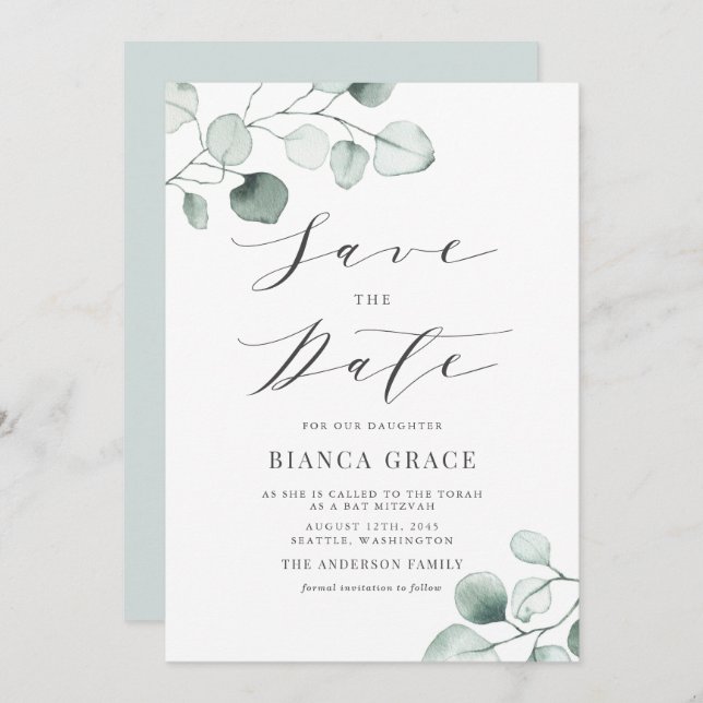 Boho Dusty Blue Eucalyptus Leaves Bat Mitzvah Save The Date (Front/Back)