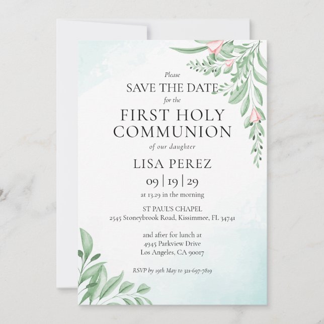 Boho Dusty Blue First Holy Communion Save The Date (Front)