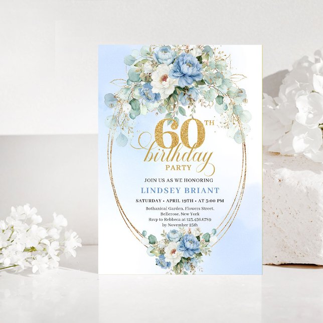 Boho Dusty Blue Floral 60th Birthday Invitation (Boho Dusty Blue Floral 60th Birthday Invitation)