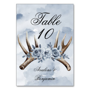 Boho Dusty Blue Floral and Deer Antlers Wedding Table Number