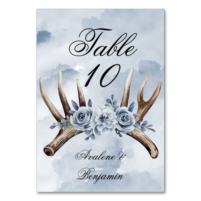 Boho Dusty Blue Floral and Deer Antlers Wedding Table Number (Front)
