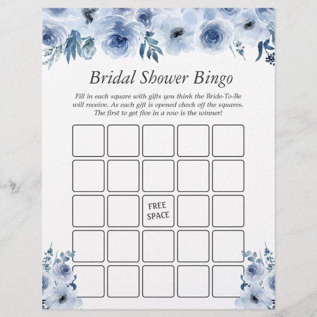Boho Dusty Blue Floral Bridal Shower Bingo Game Flyer (Front)