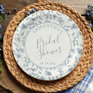 Boho Dusty Blue Floral Bridal Shower  Paper Plate