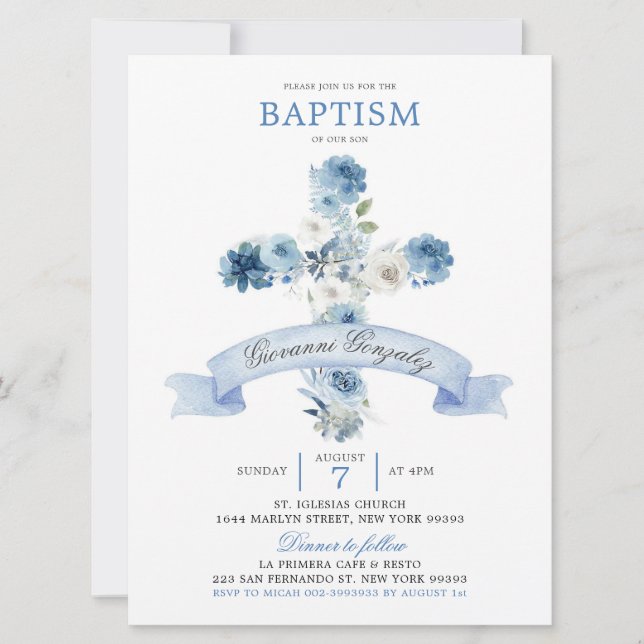 Boho Dusty Blue Floral Cross Baptism Invitation (Front)