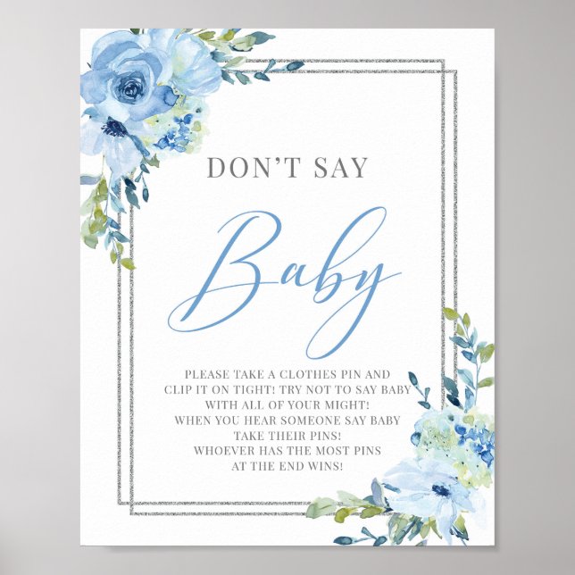Boho dusty blue floral don't say baby sign game (Front)