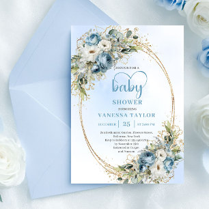 Boho Dusty Blue Floral Eucalyptus Baby Shower   Invitation