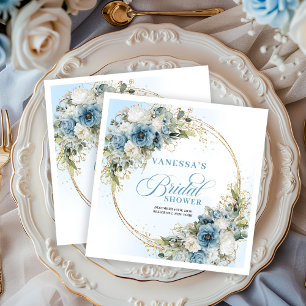 Boho dusty blue floral eucalyptus gold bridal show napkin