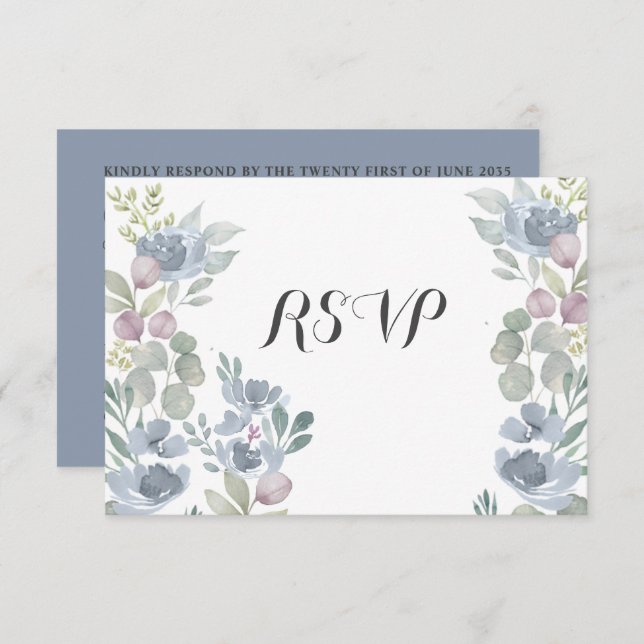 Boho Dusty Blue Floral Eucalyptus Wedding RSVP (Front/Back)