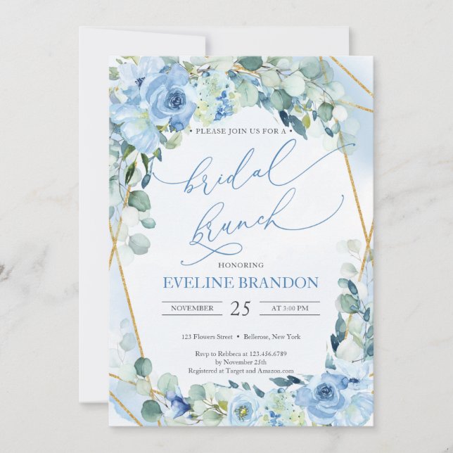 Boho Dusty Blue Floral Faux Gold Geometric Bridal  Invitation (Front)