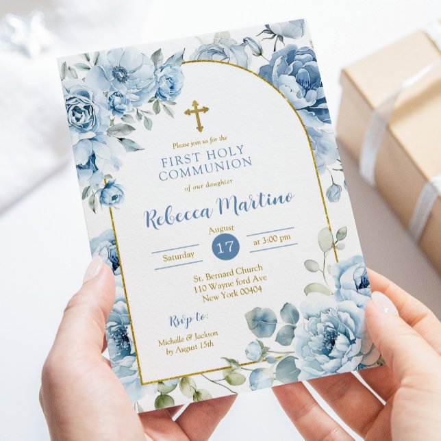 Boho Dusty Blue Floral First Holy Communion Invitation (Creator Uploaded)