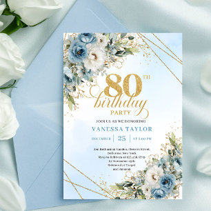 Boho Dusty Blue Floral Gold 80th Birthday Invite