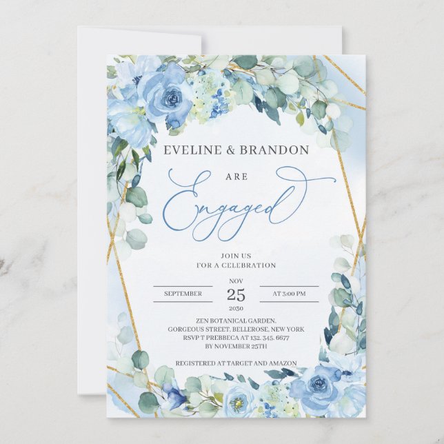 Boho Dusty Blue Floral Gold Geometric Frame Engage Invitation (Front)