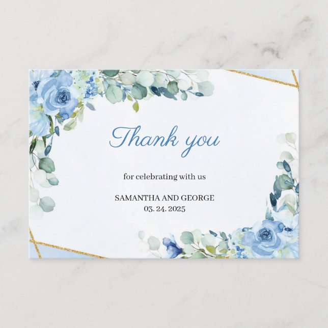 Boho Dusty Blue Floral Gold Geometric Thank You Enclosure Card (Front)