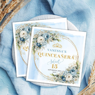 Boho Dusty Blue Floral Gold Quinceañera Napkins