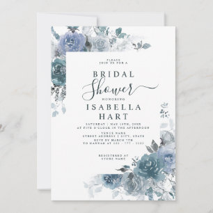 Boho Dusty Blue Floral Pastel Slate Bridal Shower Invitation