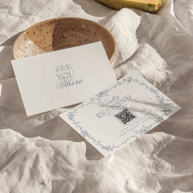 Boho Dusty Blue Floral QR Code Botanical Wedding RSVP Card (Creator Uploaded)