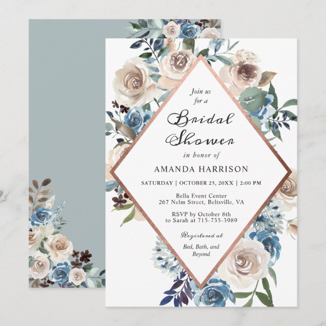 Boho Dusty Blue Floral Rose Gold Bridal Shower Invitation (Front/Back)
