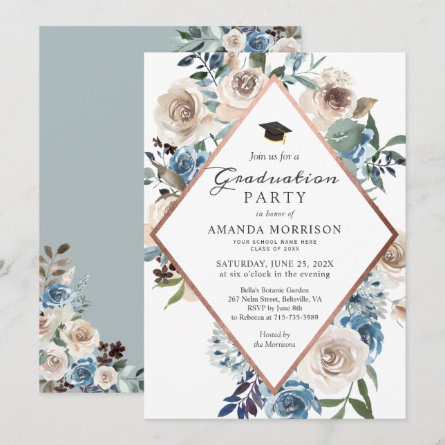 Boho Dusty Blue Floral Rose Gold Graduation Party Invitation (Front/Back)