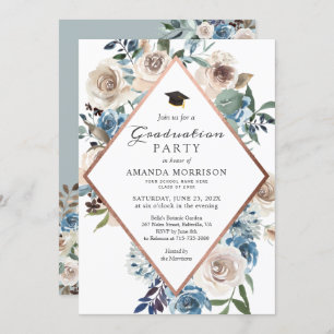 Boho Dusty Blue Floral Rose Gold Graduation Party Invitation