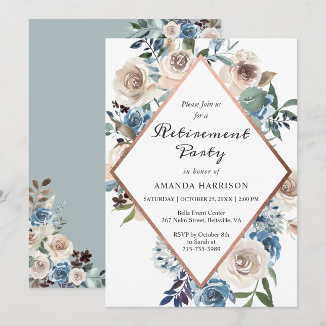 Boho Dusty Blue Floral Rose Gold Retirement Party Invitation (Front/Back)
