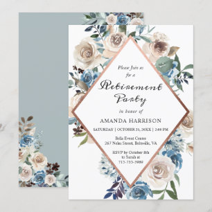 Boho Dusty Blue Floral Rose Gold Retirement Party Invitation