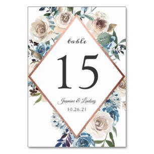 Boho Dusty Blue Floral Rustic Rose Gold Wedding Table Number