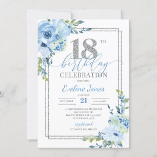 Boho Dusty blue floral silver geometric birthday Invitation