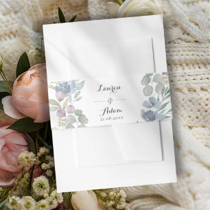 Boho Dusty Blue Floral Watercolor Wedding Invitation Belly Band