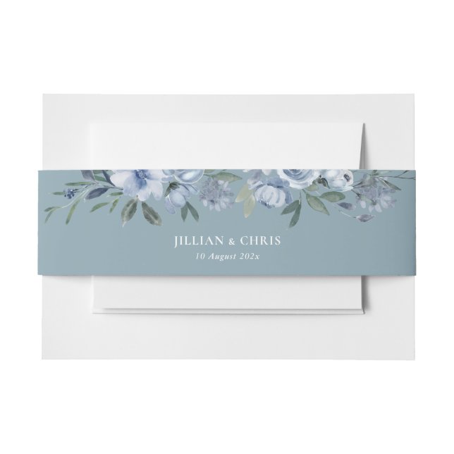 boho dusty blue floral wedding invitation belly band (Front Example)