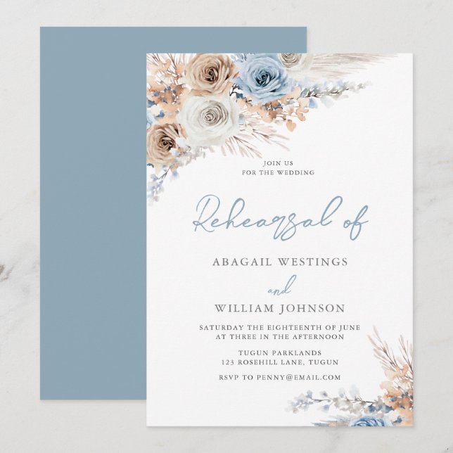 Boho Dusty Blue Floral Wedding Rehearsal Dinner Invitation (Front/Back)