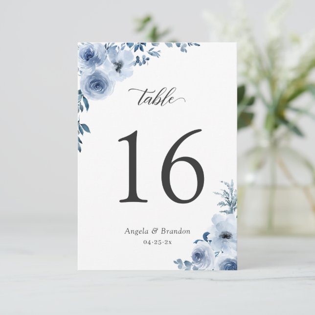 Boho Dusty Blue Floral Wedding Table Number Card (Standing Front)