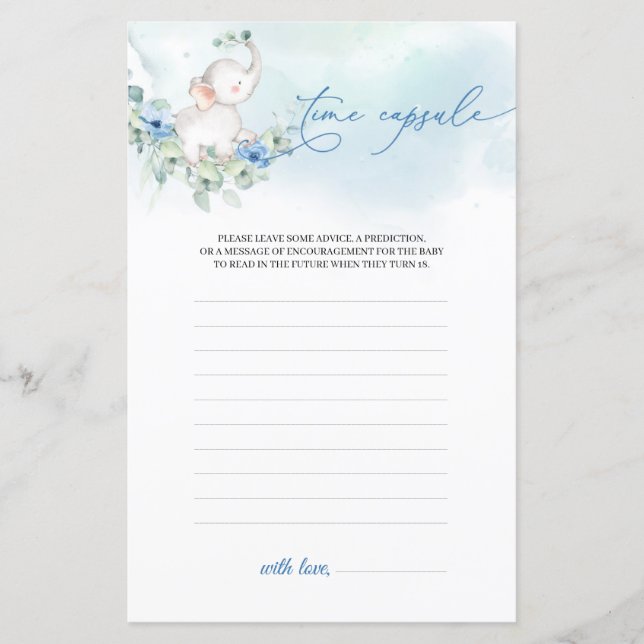 Boho dusty blue flowers boy elephant Time Capsule (Front)