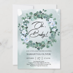 Boho Dusty blue flowers deep green eucalyptus Invi Invitation