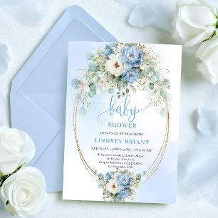 Boho Dusty Blue Flowers Eucalyptus Gold Baby Showe Invitation