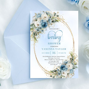Boho Dusty Blue Flowers Gold Script Baby Shower  Invitation