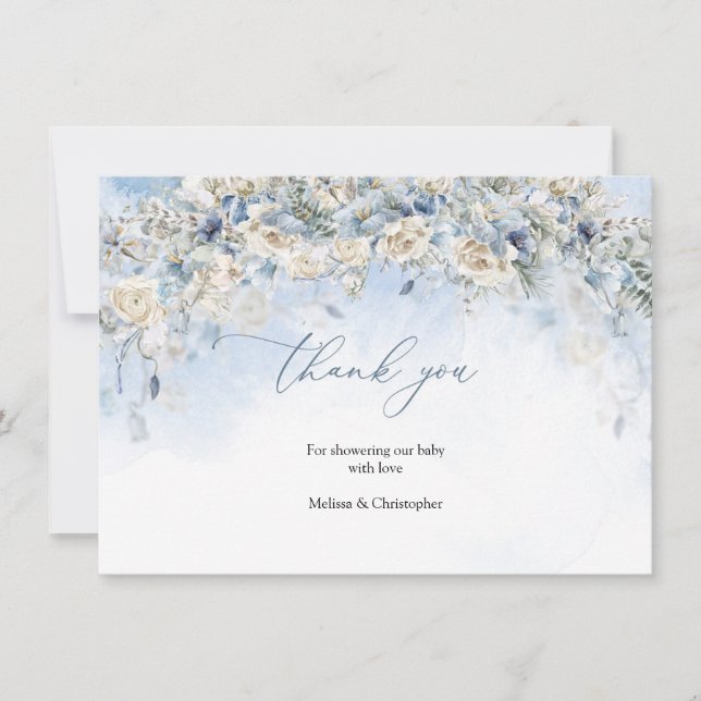 Boho dusty blue flowers white roses eucalyptus thank you card (Front)