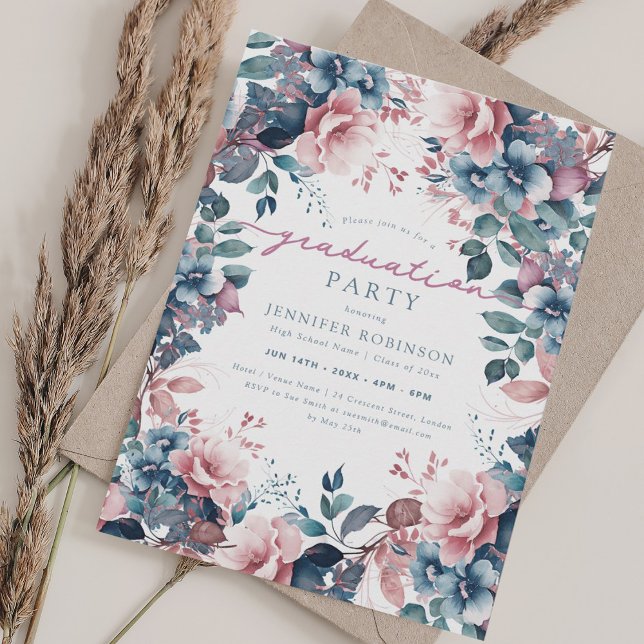Boho Dusty Blue Garden Floral Graduation  Invitation (Boho Dusty Blue Garden Floral Graduation Invitation)