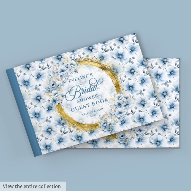 Boho Dusty Blue Gold Glitter Flowers Bridal Shower Guest Book (Boho Dusty Blue Gold Glitter Flowers Bridal Shower Guest Book)