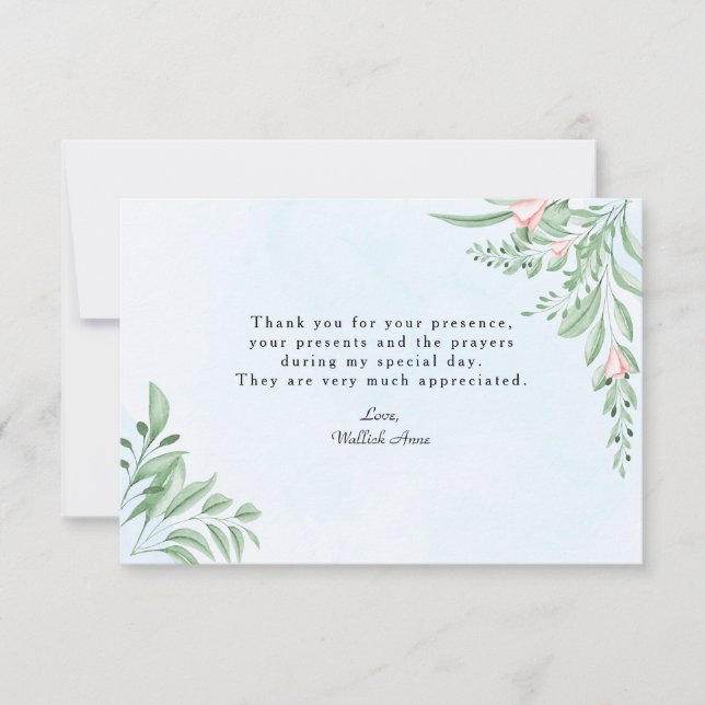Boho Dusty Blue Greenery Baptism Photo Thank You Card (Front)