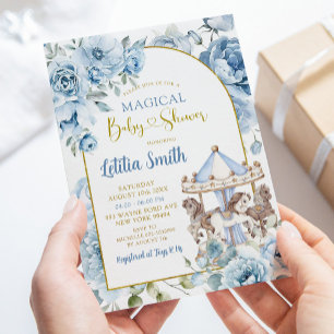 Boho Dusty Blue Magical Carousel Baby Shower Invitation