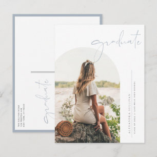 Boho Dusty Blue Minimalist Arch Photo Graduation Announcement Postcard