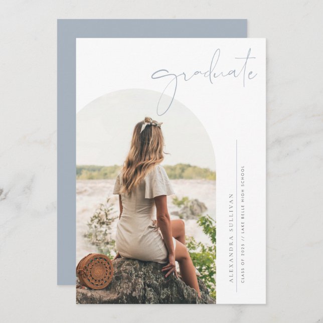 Boho Dusty Blue Minimalist Arch Photo Graduation Invitation (Front/Back)