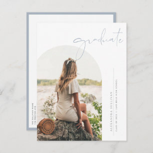 Boho Dusty Blue Minimalist Arch Photo Graduation Invitation Postcard