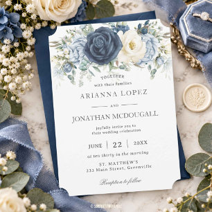 Boho Dusty Blue Navy Ivory Floral Sage Wedding Invitation
