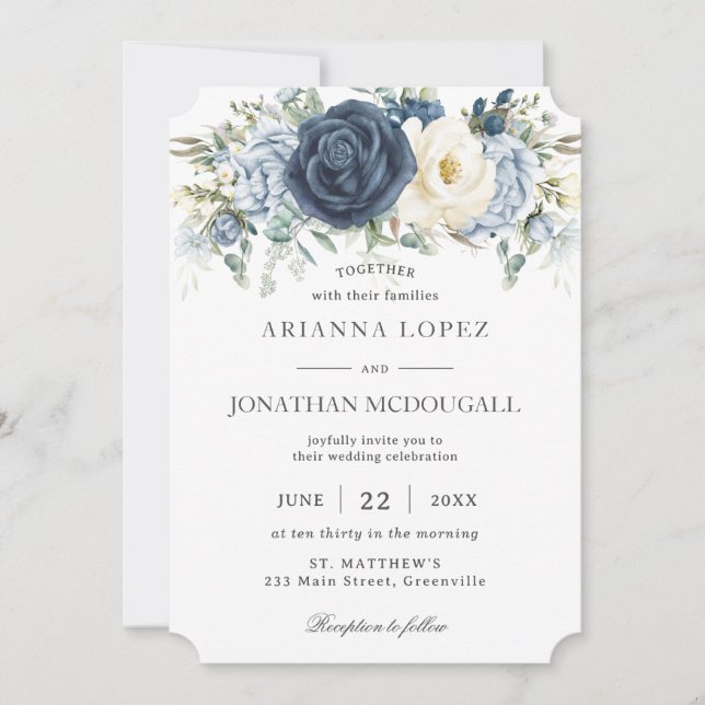 Boho Dusty Blue Navy Ivory Floral Sage Wedding Invitation (Front)